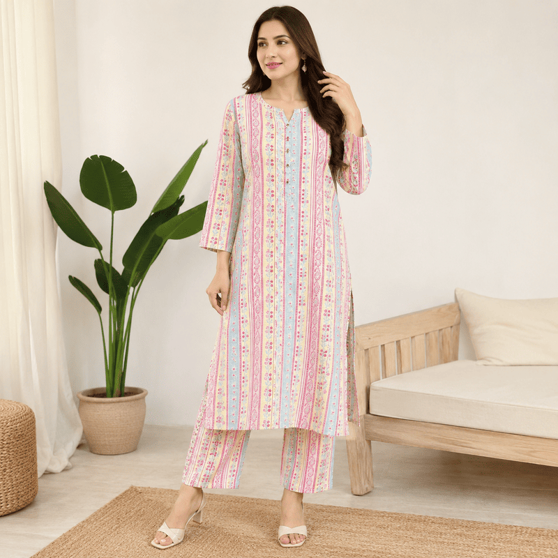 Pastel Floral Striped Kurta Set