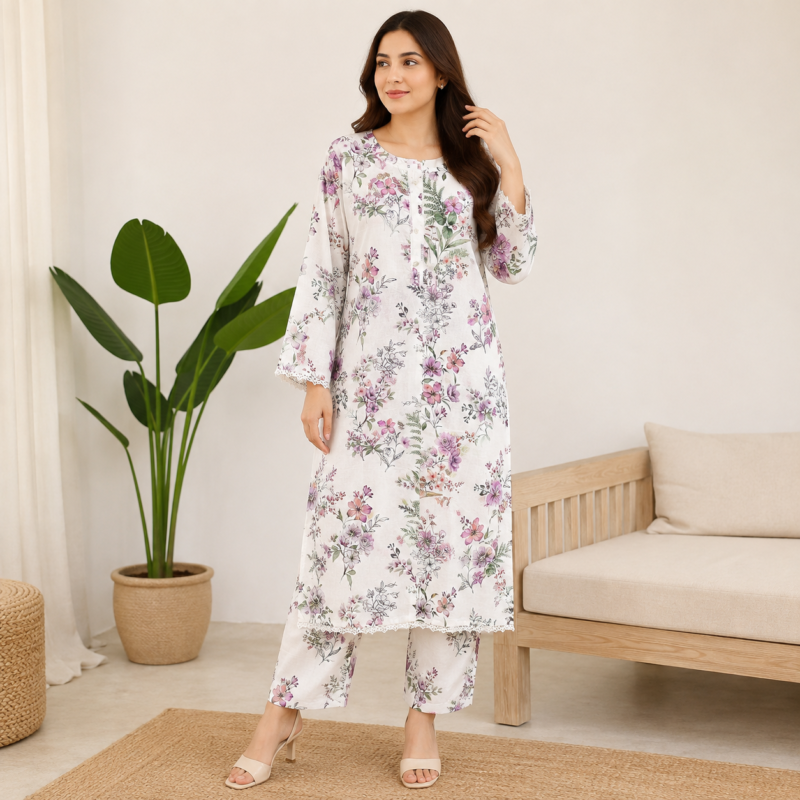 White Floral Printed Kurta & Palazzo Set