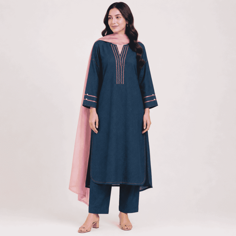Khaadi Navy Blue Embroidered 3 Piece