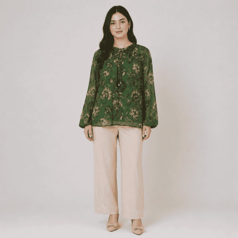 Women's Green V-Neck Ruffle Sleeve Blouse