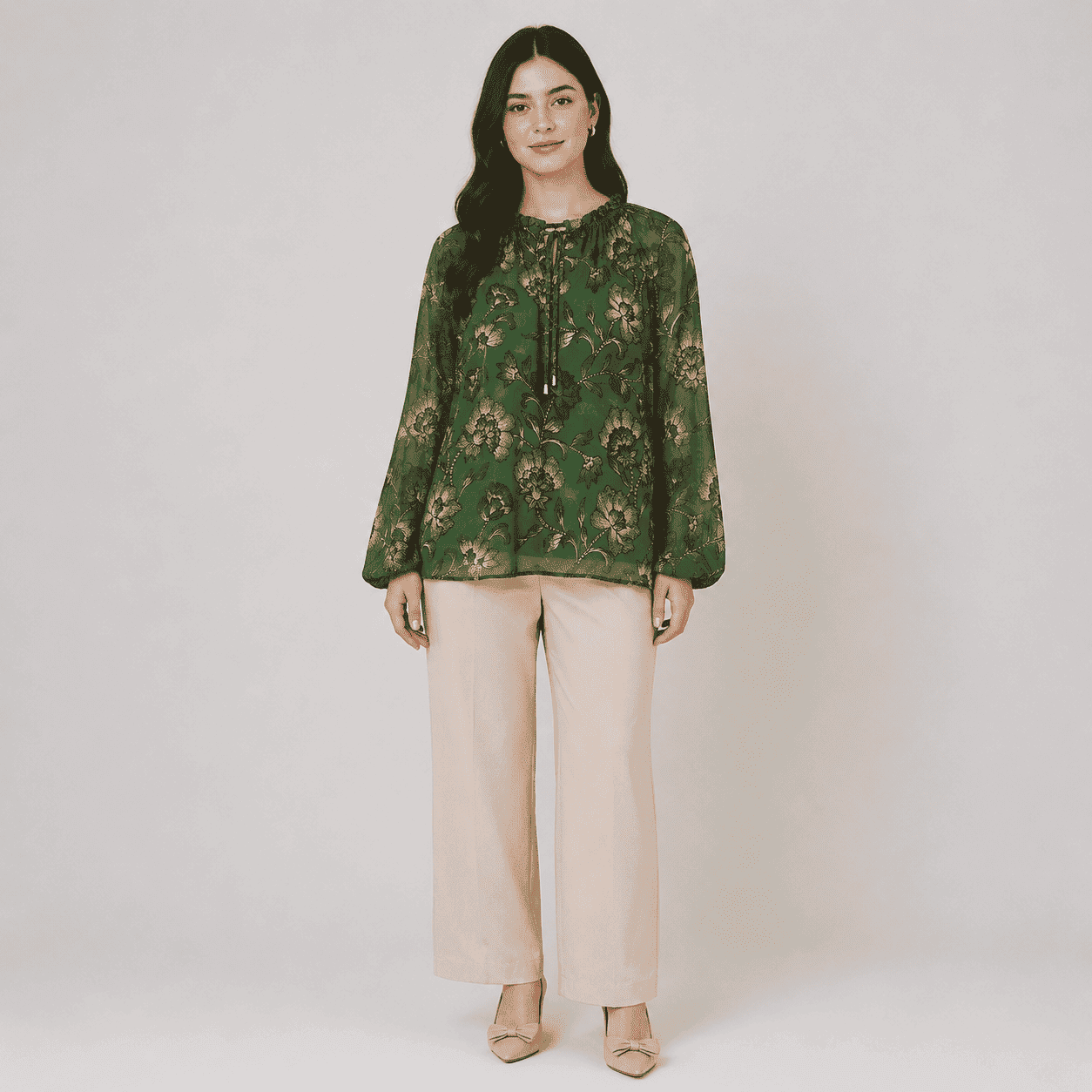 Women's Green V-Neck Ruffle Sleeve Blouse