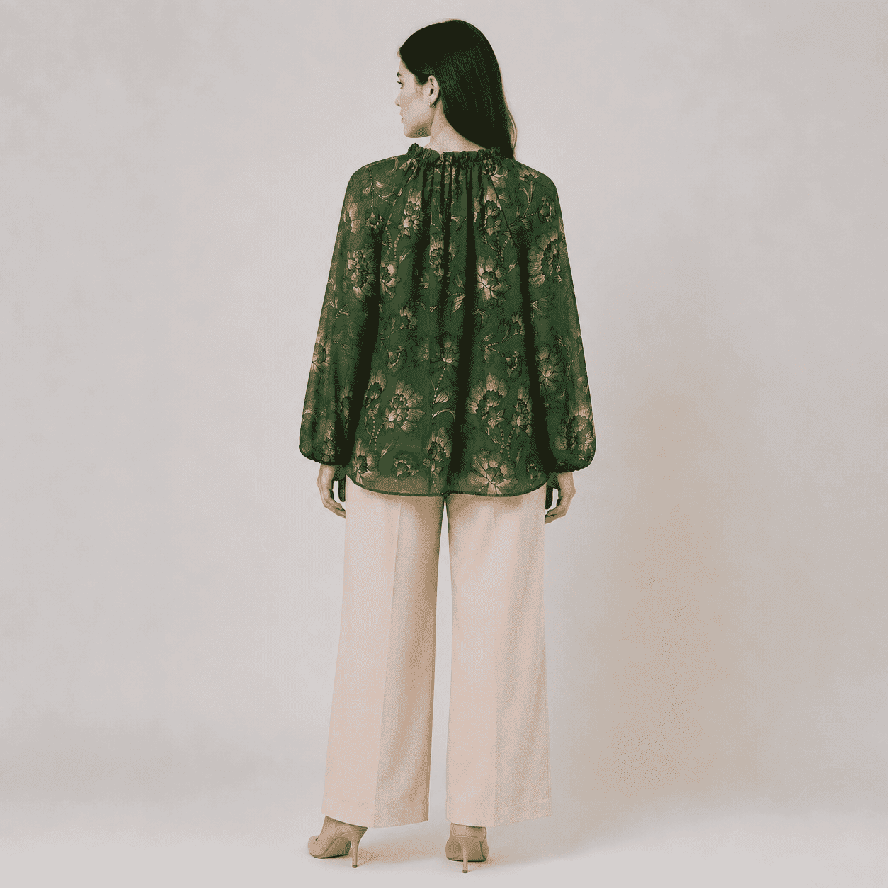 Women's Green V-Neck Ruffle Sleeve Blouse