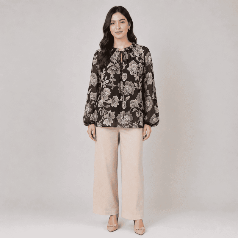 Women's Black V-Neck Ruffle Sleeve Blouse