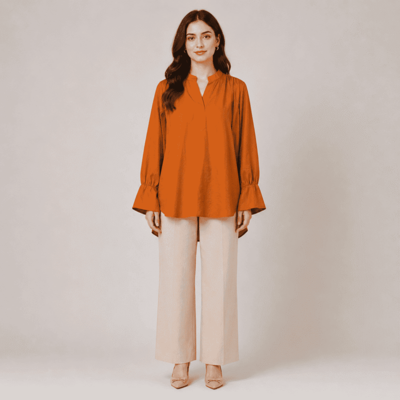 Women's Orange V-Neck Ruffle Sleeve Blouse