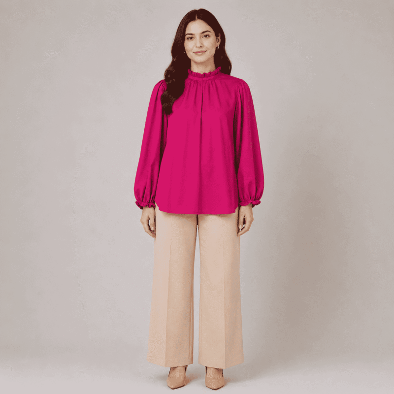Women's Pink V-Neck Ruffle Sleeve Blouse