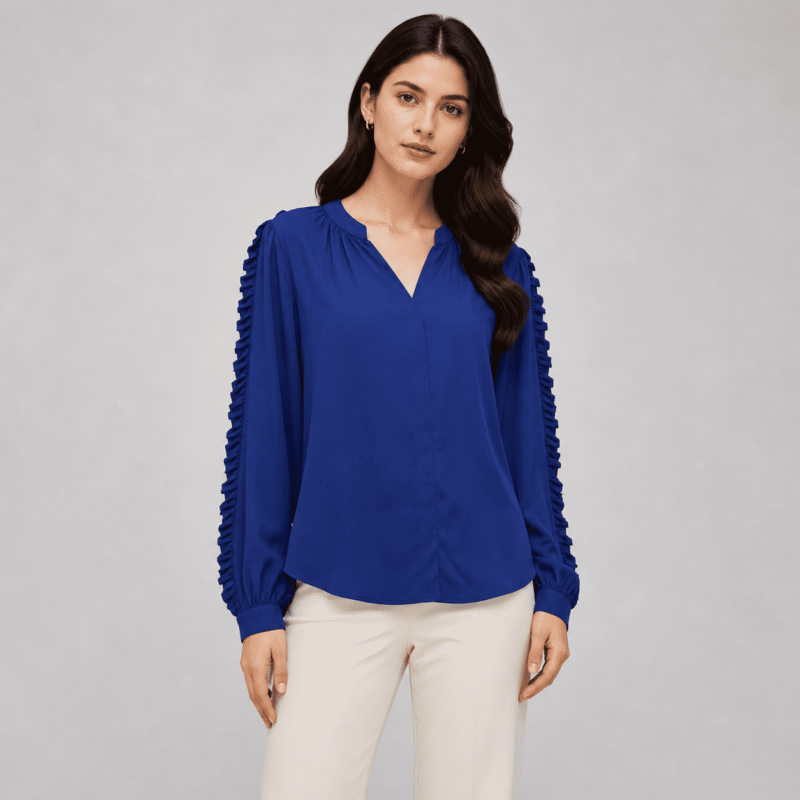 Women's Blue V-Neck Ruffle Sleeve Blouse