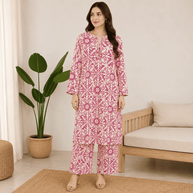 Cream & Magenta Floral Printed 2-Piece Set