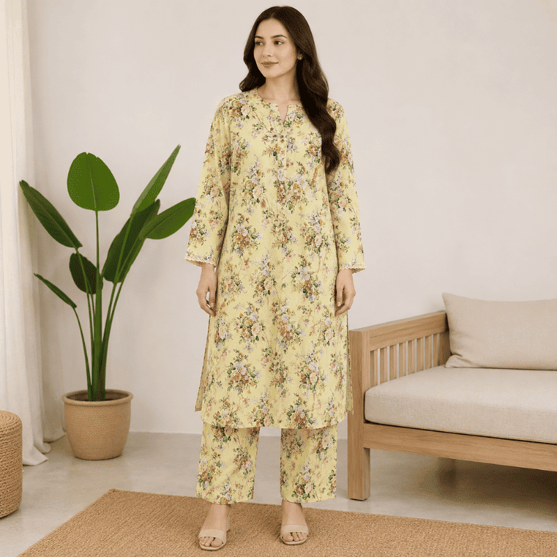 Soft Yellow Botanical Floral Printed 2-Piece Set