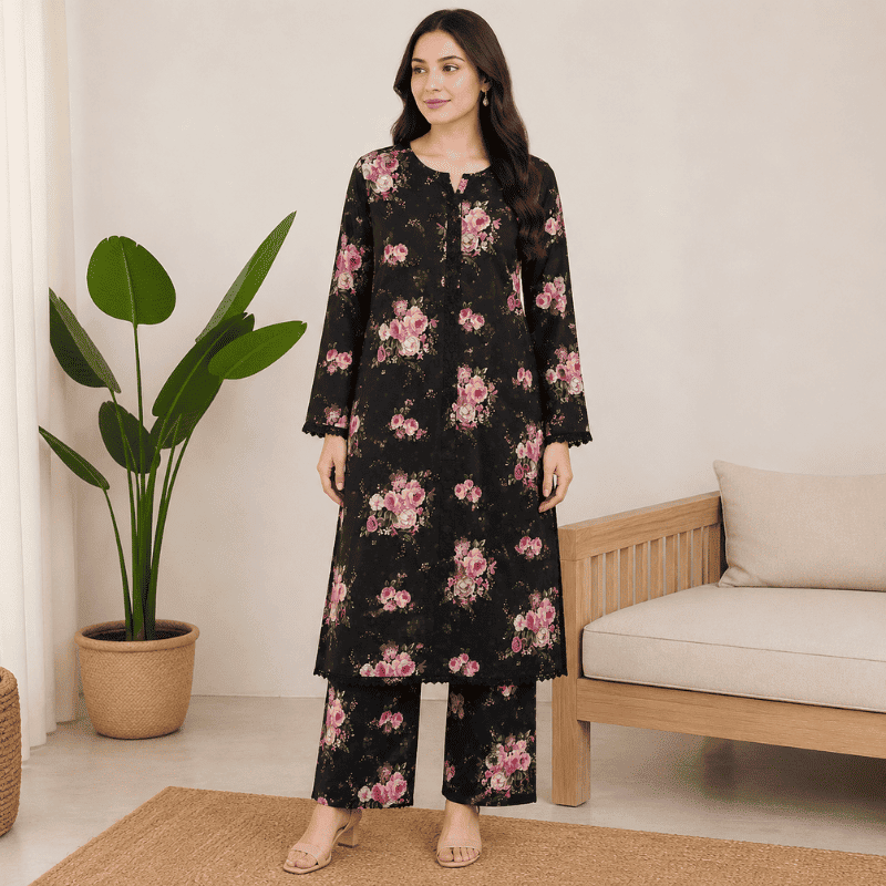 Black Rose Floral Printed 2-Piece Set